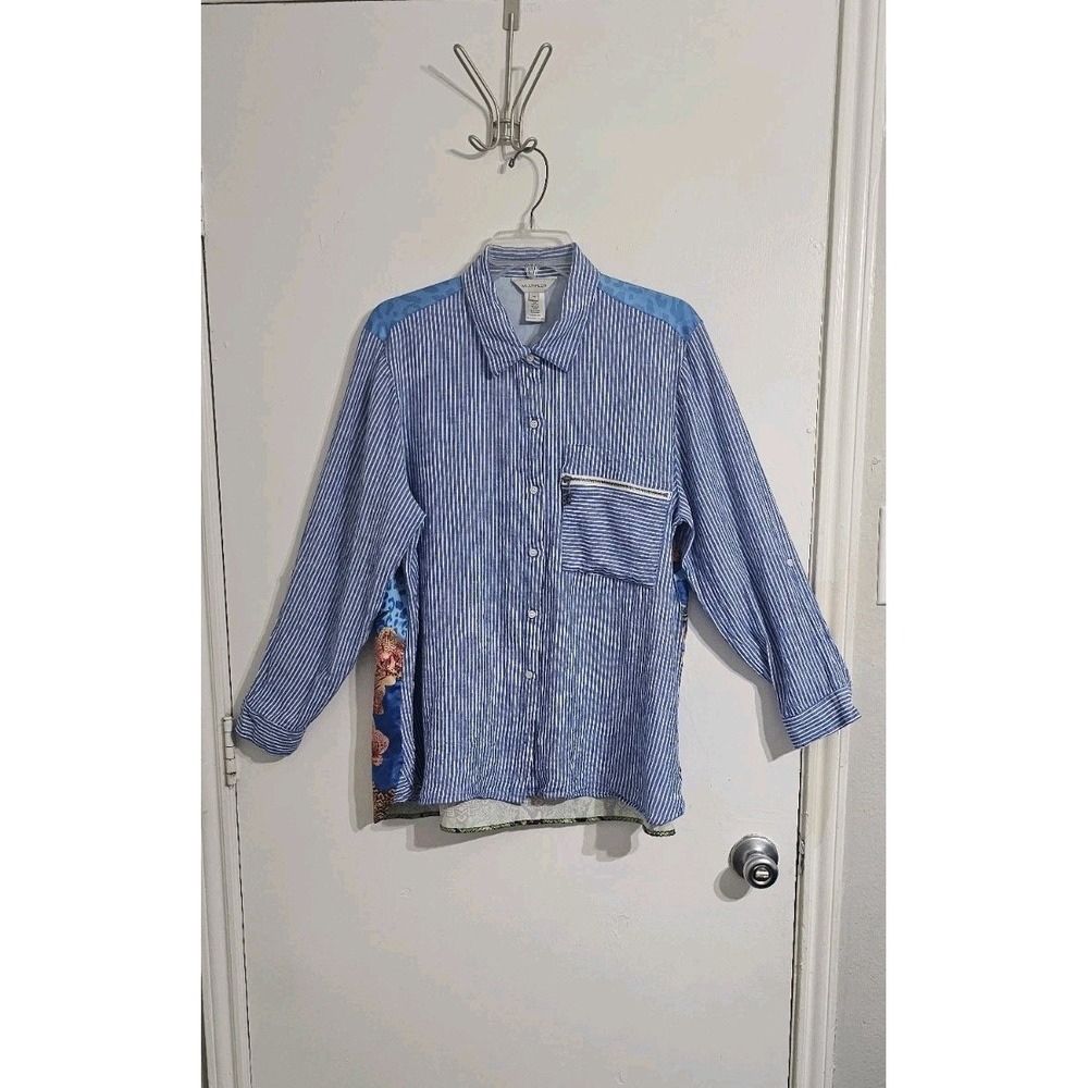 Multiples Striped Mixed Media Print Shirt Linen Blend Womens OX Roll Tab Sleeves